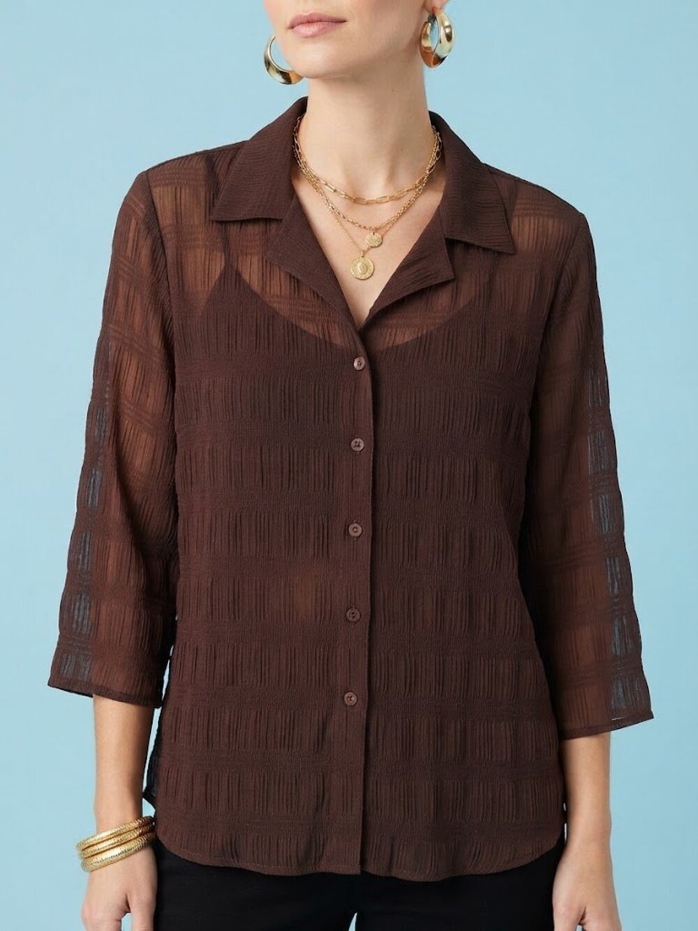 Chocolate Brown Textured Button-Down Blouse